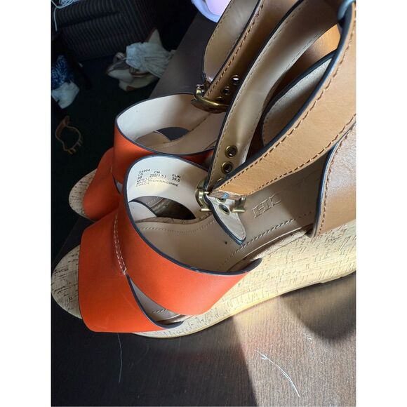 Coach Isla Orange & Tan Leather Cork Platform Wedge Sandals sz 9 NWOT - Picture 7 of 9